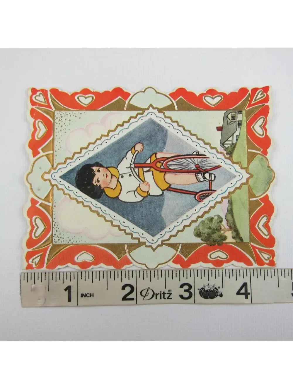 Vintage Valentine Card Die cut Bifold Boy Rides Red Tricycle Bike Heart Embossed